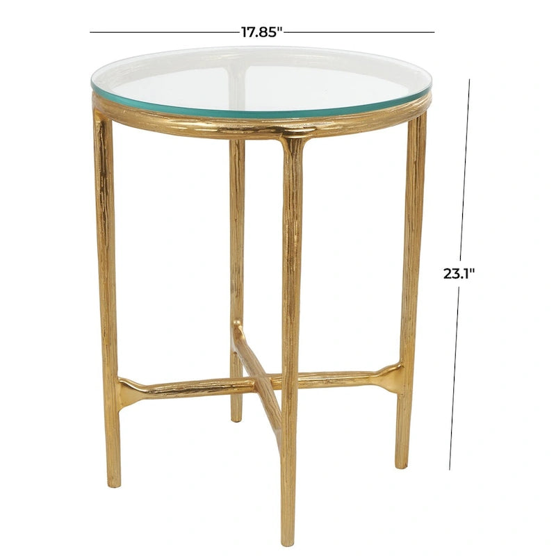 Table d'appoint en aluminium texturé avec plateau en verre | Doré ou argenté, accent de salon moderne