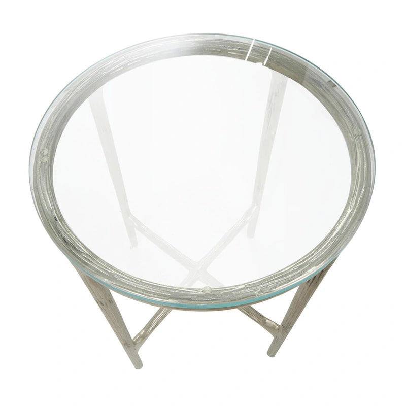 Table d'appoint en aluminium texturé avec plateau en verre | Doré ou argenté, accent de salon moderne